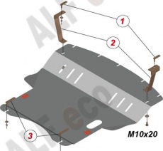 Защита алюминиевая Alfeco для картера и КПП Mitsubishi Colt VI до рестайлинга 2002-2008 правый руль